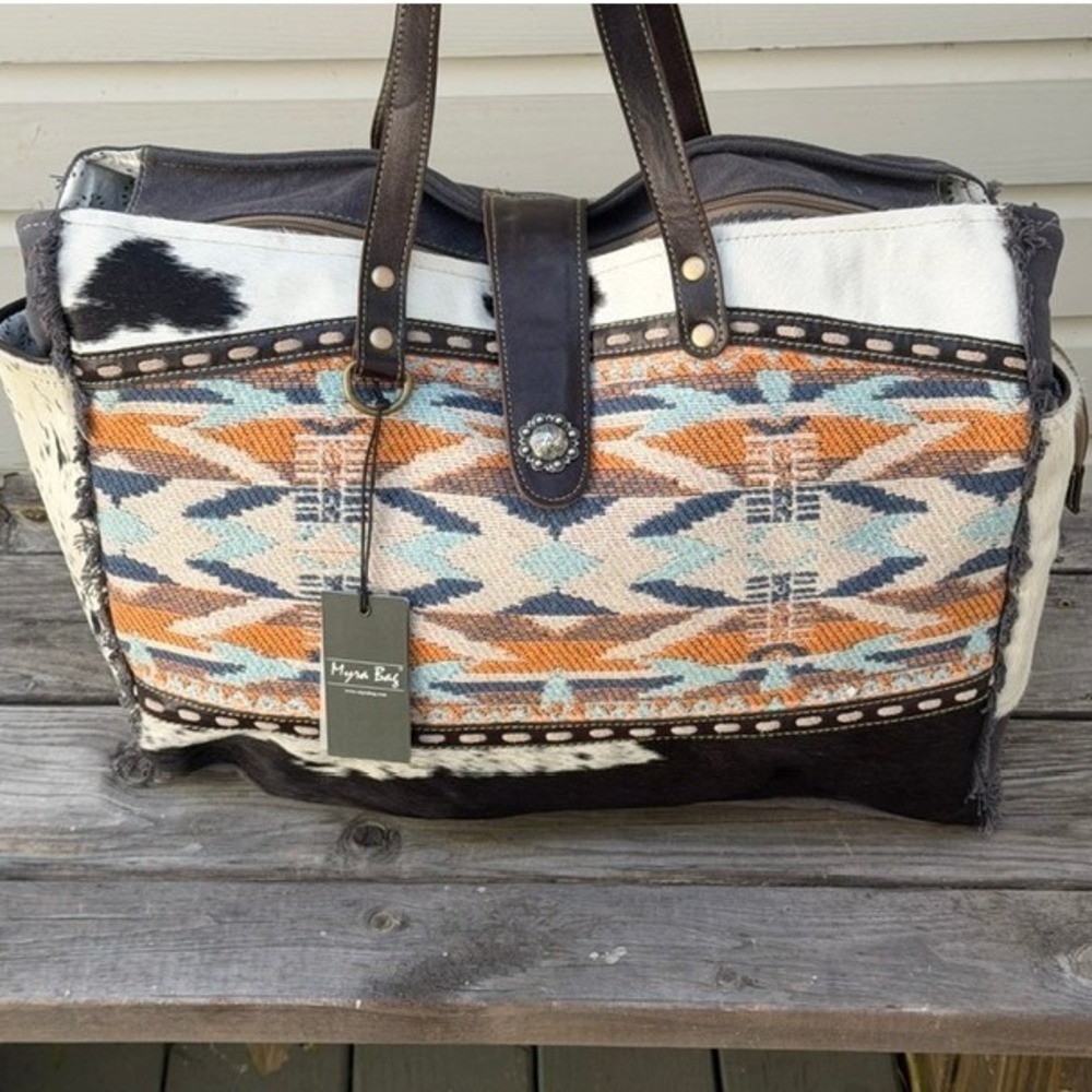 Myra Bag Southwestern Canvas and Cowhide Large Weekender Tote Bag NWT